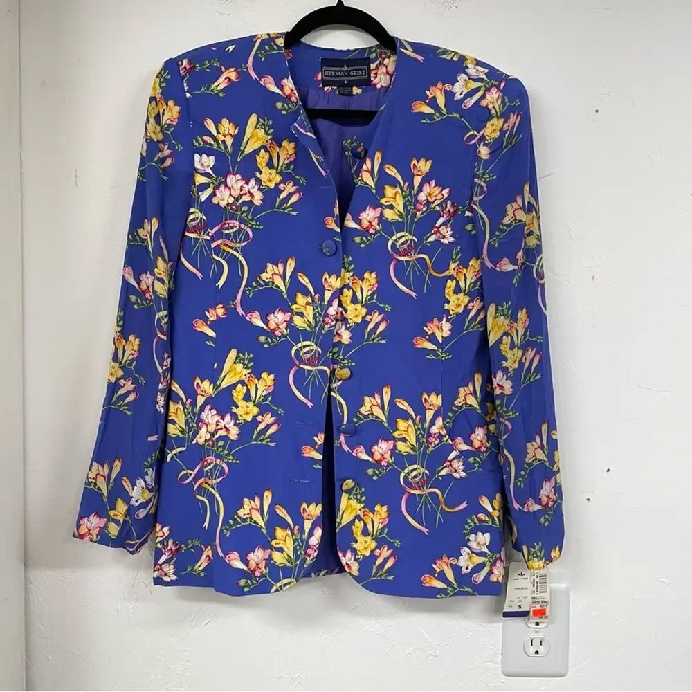 Vintage Herman Geist Blue Floral Print Blazer & Maxi Dress 2 Piece Matching Set